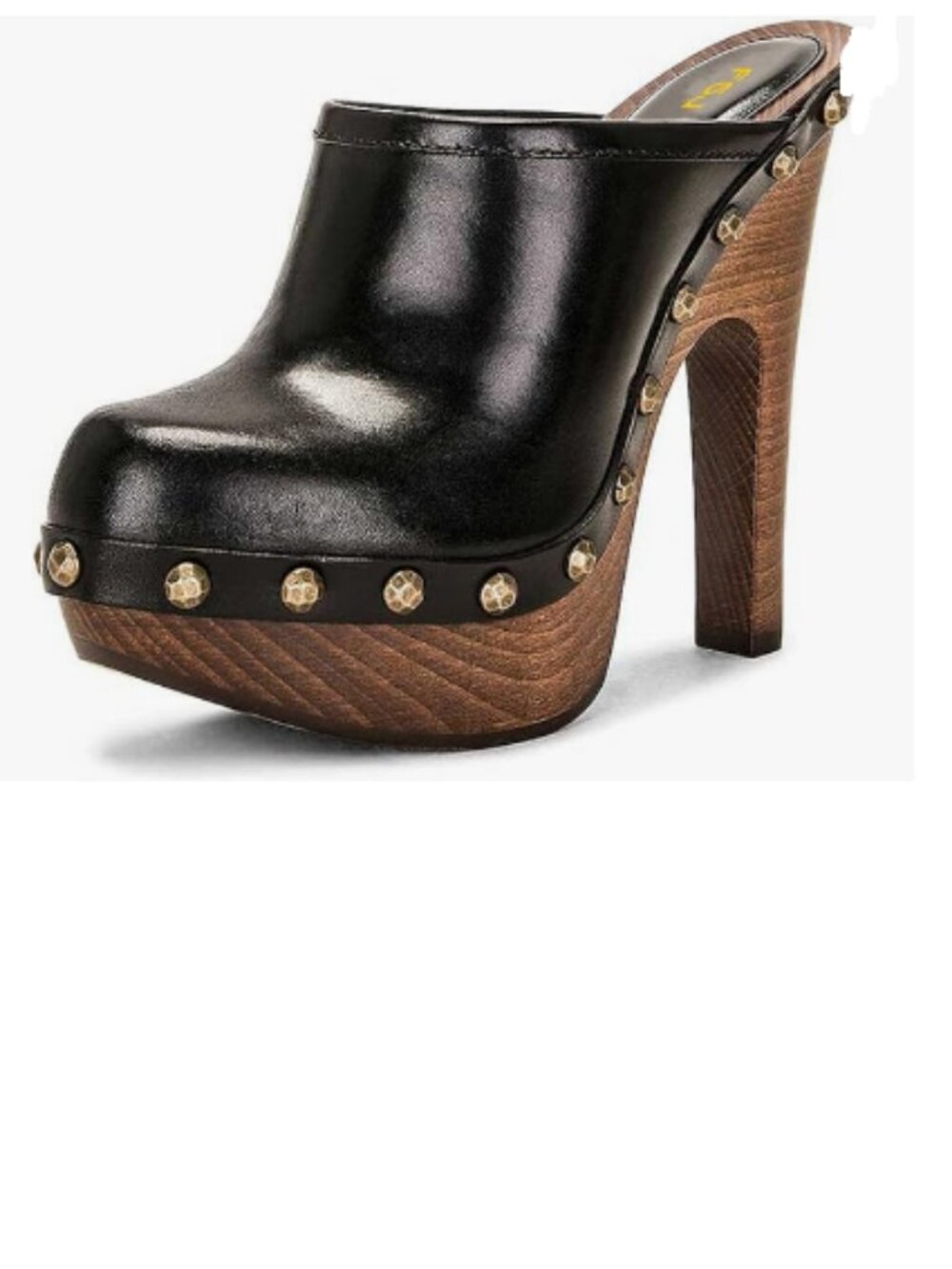FSJ Black Round Toe Mules Wooden Block High Heel Clogs Slip On Studded Sandals